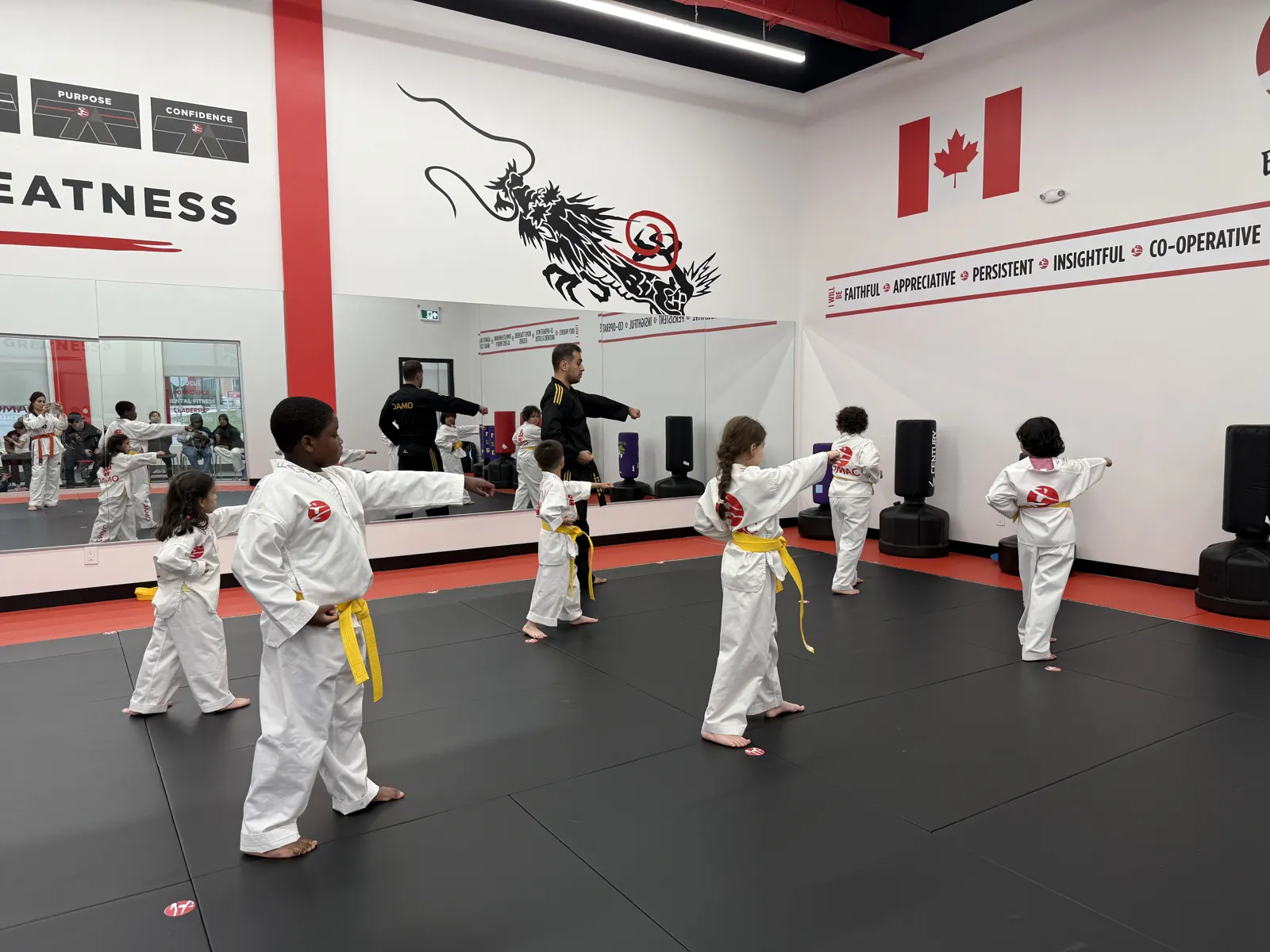 Kids practising kicks in class